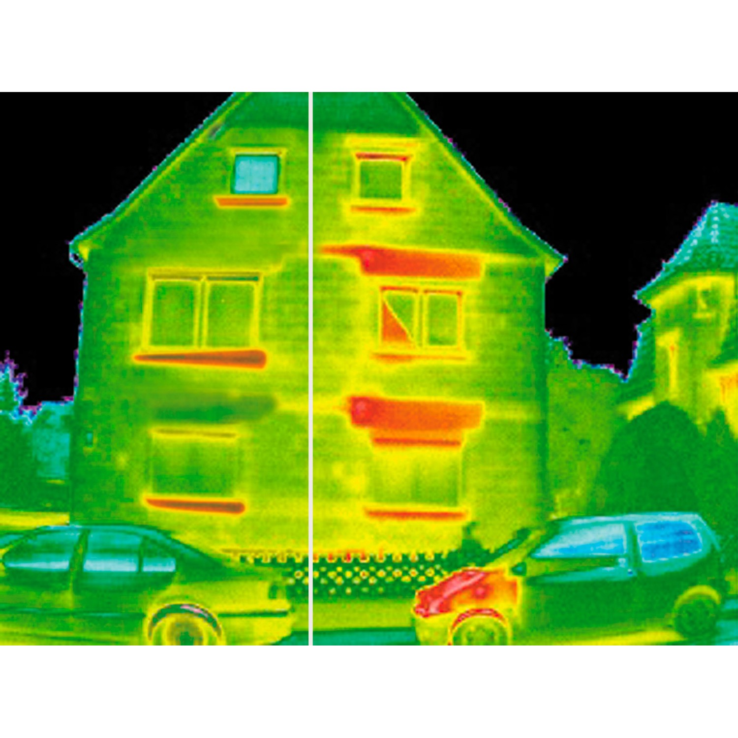 Thermografieaufnahme eines Hauses mit und ohne Rollladenkasten Dämmung.