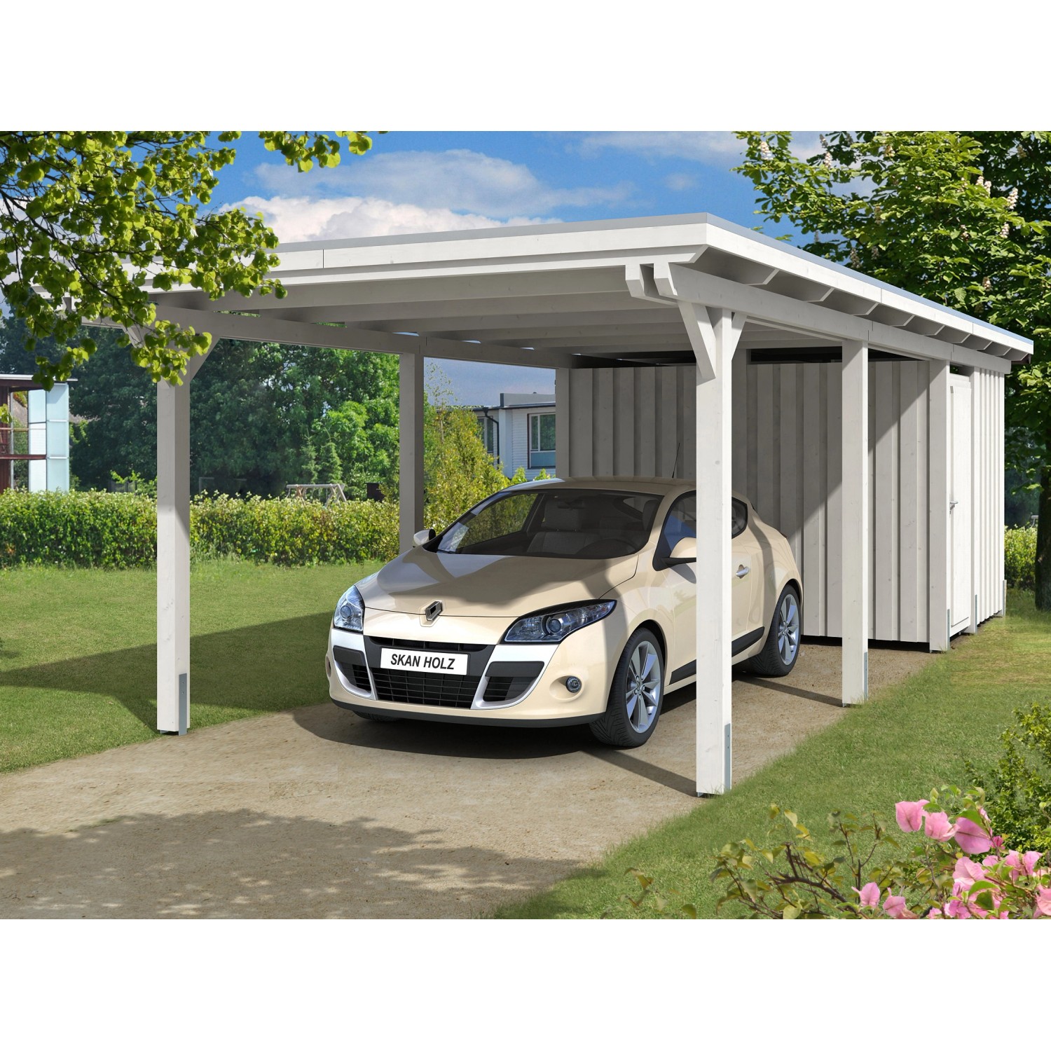 Skan Holz Carport Emsland 354 cm x 846 cm mit Abstellraum Weiß günstig online kaufen