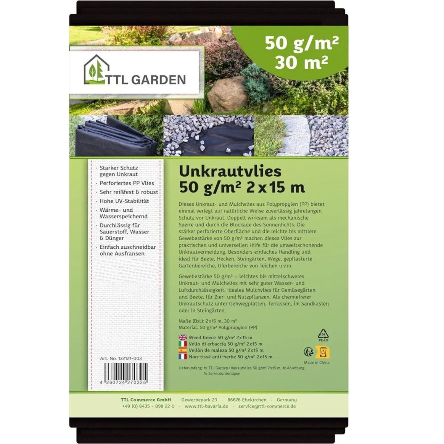 TTL GARDEN Unkrautvlies 50g/m² 2x15m 30m² Schwarz Gartenvlies Mulchvlies UV-stabil gegen Unkraut