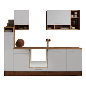 Respekta Küchenzeile Hilde LBBEKB250EWC, 250 cm breit, in Weiß und Holzoptik.