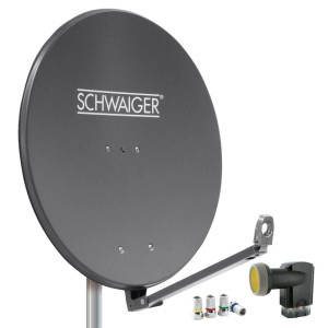 Anthrazitfarbenes Schwaiger Antennen-Set mit 88 cm Satellitenschüssel, Quad-LNB und vier F-Steckern für SAT-Anlagen.