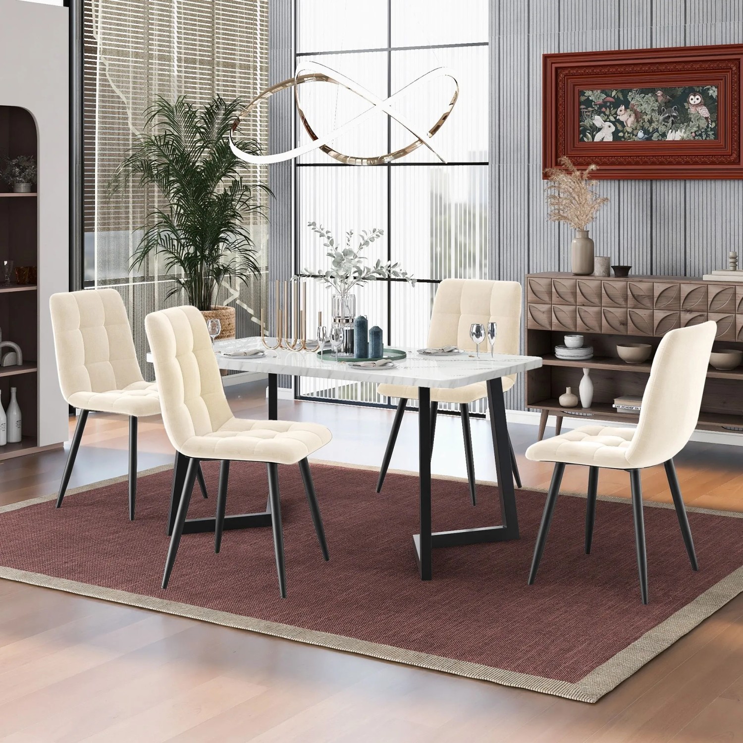 Merax Essgruppe 5-tlg mit 117cm Esstisch  4 Samtstühle Beige  Tischbeine Schwarz_2