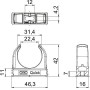 Technische Zeichnung der weißen OBO Quick-Schelle M32 Rohr-Klemmschelle mit Abmessungen für Elektroinstallationsmaterial.