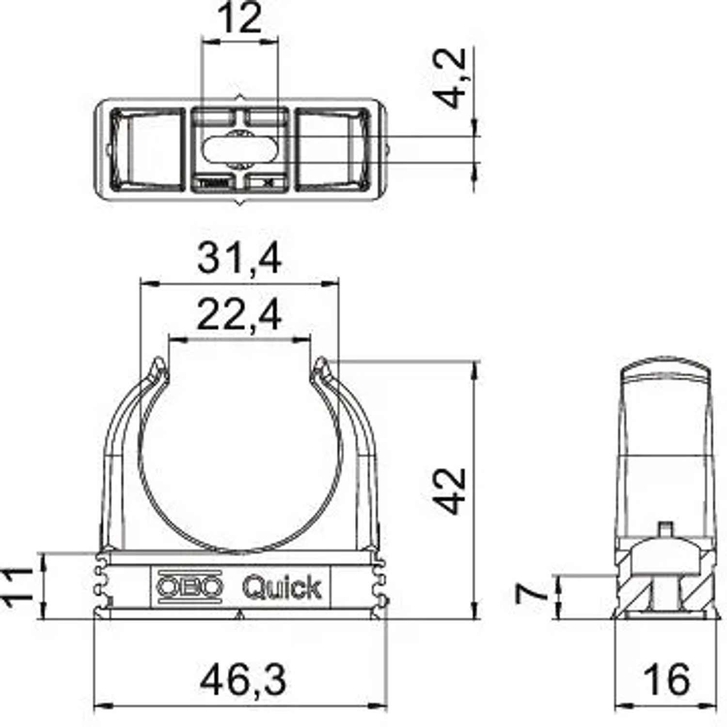Technische Zeichnung der weißen OBO Quick-Schelle M32 Rohr-Klemmschelle mit Abmessungen für Elektroinstallationsmaterial.