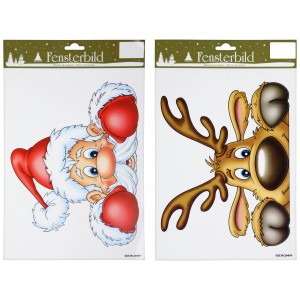 Buntes Fensterbild Weihnachten, 2er-Set mit Weihnachtsmann und Rentier, 21x32cm.