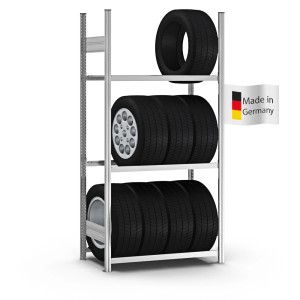 Verzinktes PROREGAL Reifenregal Stecksystem mit Reifen und Felgen auf 3 Ebenen.