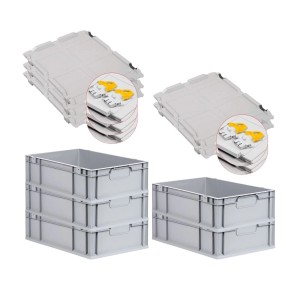 PROREGAL Spar Set: 5 graue Euroboxen mit Scharnierdeckel und gelben Verschlüssen, 34 Liter.