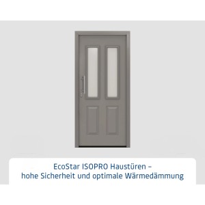 EcoStar IsoPro Haustür IP 410S in Graualuminium mit zwei satinierten Glasausschnitten und Edelstahlgriff.