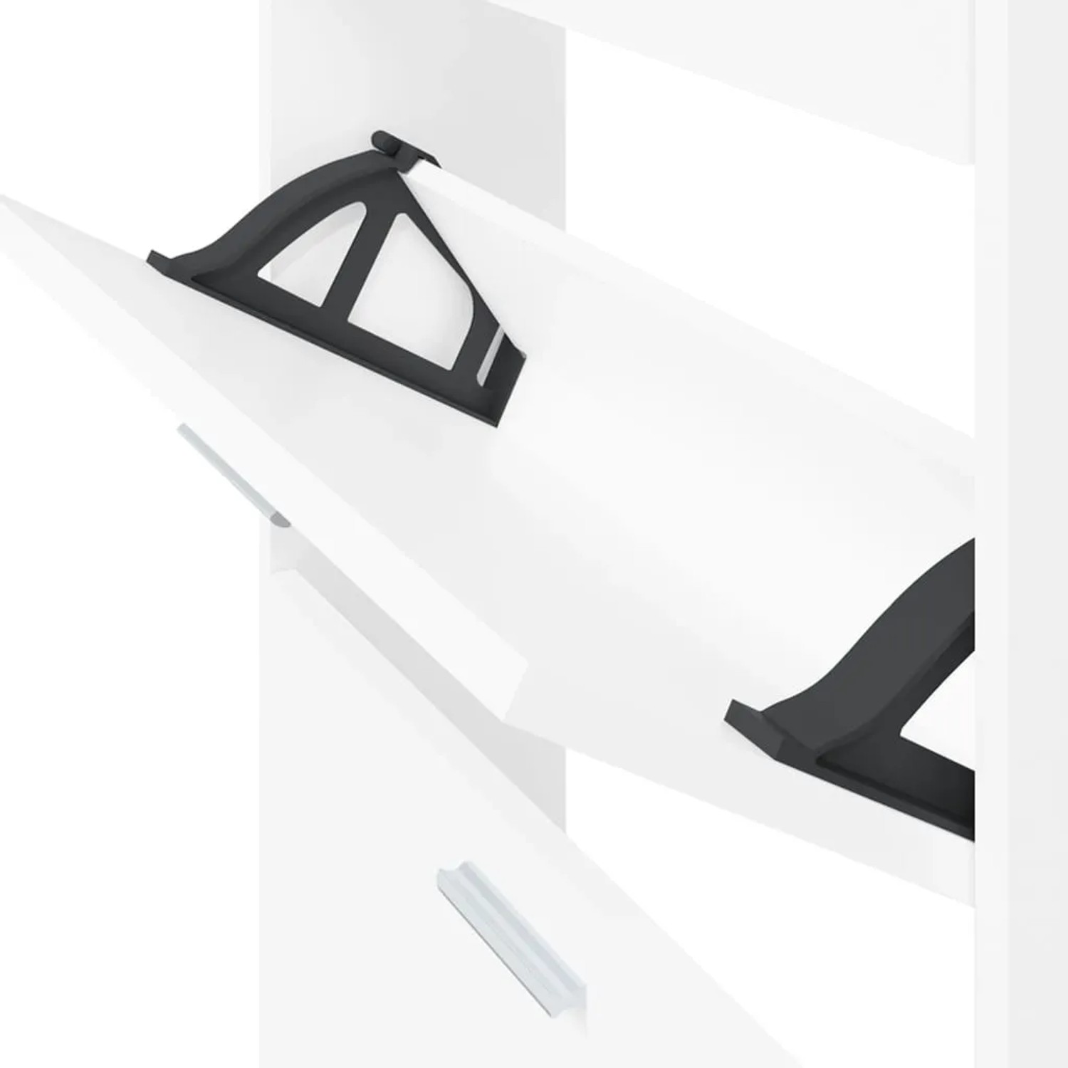 Weißer vidaXL Schuhkipper mit geöffneter Kippklappe, die den schwarzen Schuhhalter aus Holzwerkstoff zeigt.