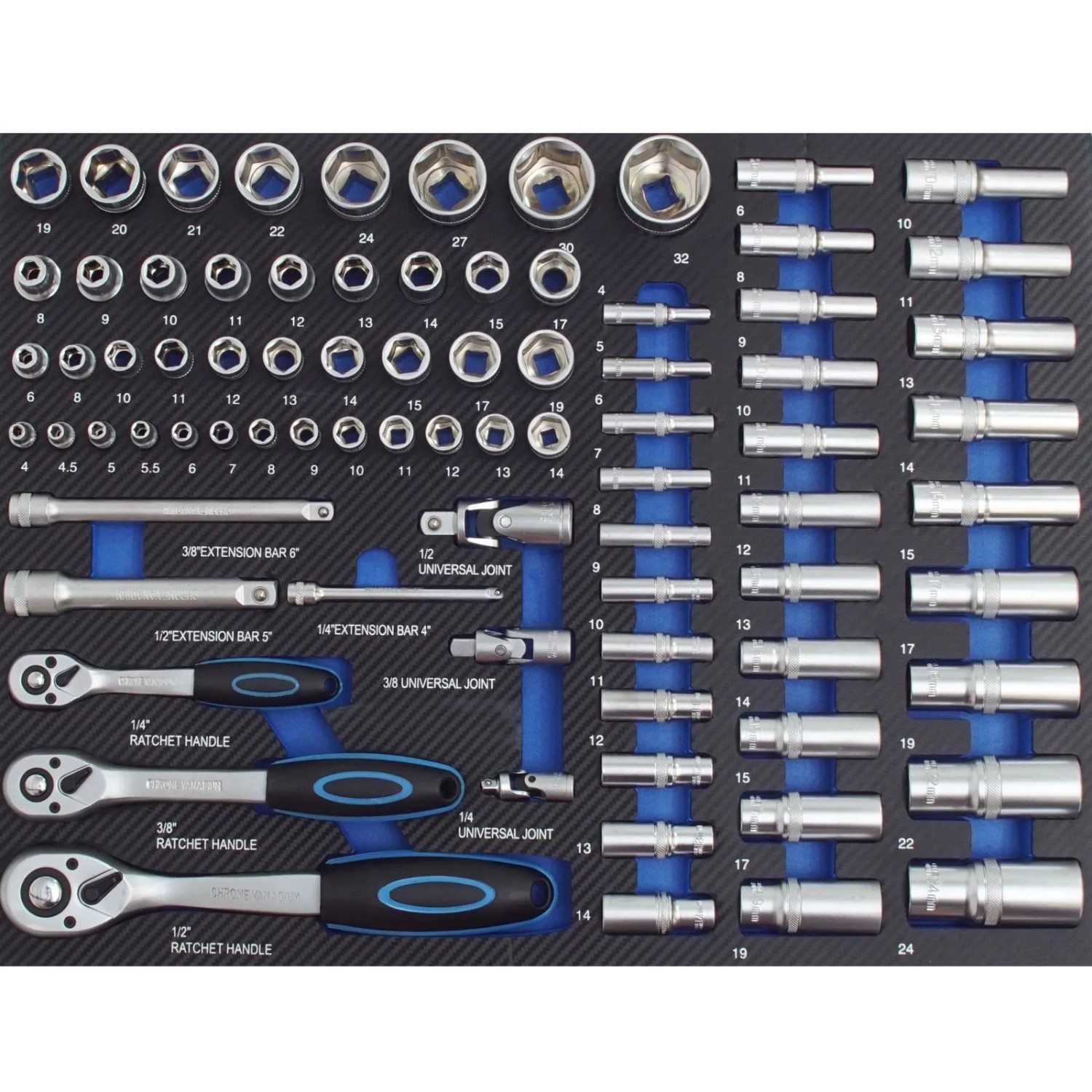 TRUTZHOLM Profi Werkstattwagen Einlage Steckschlüsselsatz 80 Teile Schaum 520x400mm Blau