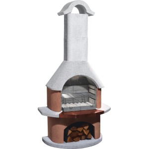 Buschbeck Grillkamin Bologna, weiß-terrakotta, mit Ablagefläche und Holzlager.