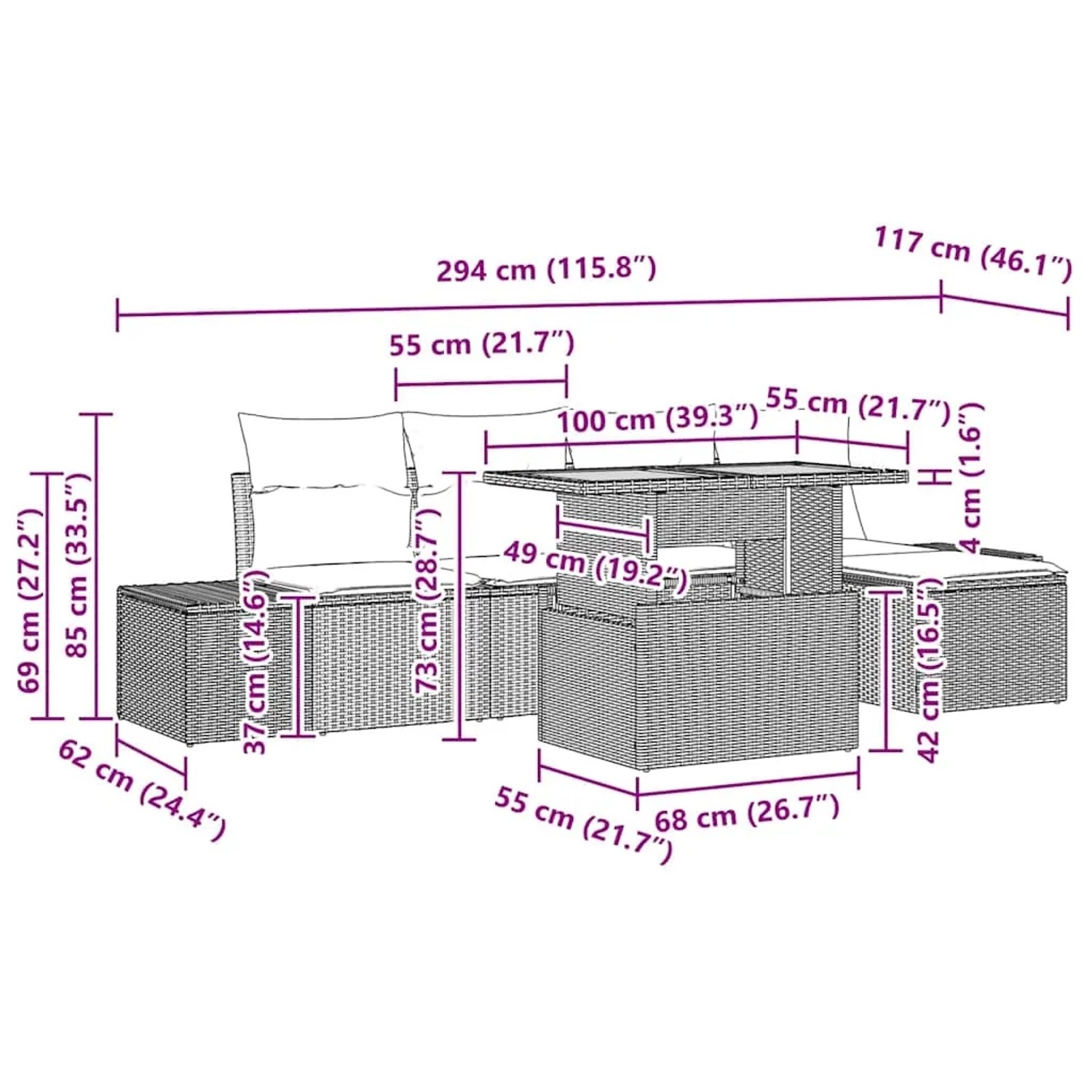 vidaXL Garten-Sofa-Set 6-tlg. Schwarz Poly Rattan mit Maßangaben.