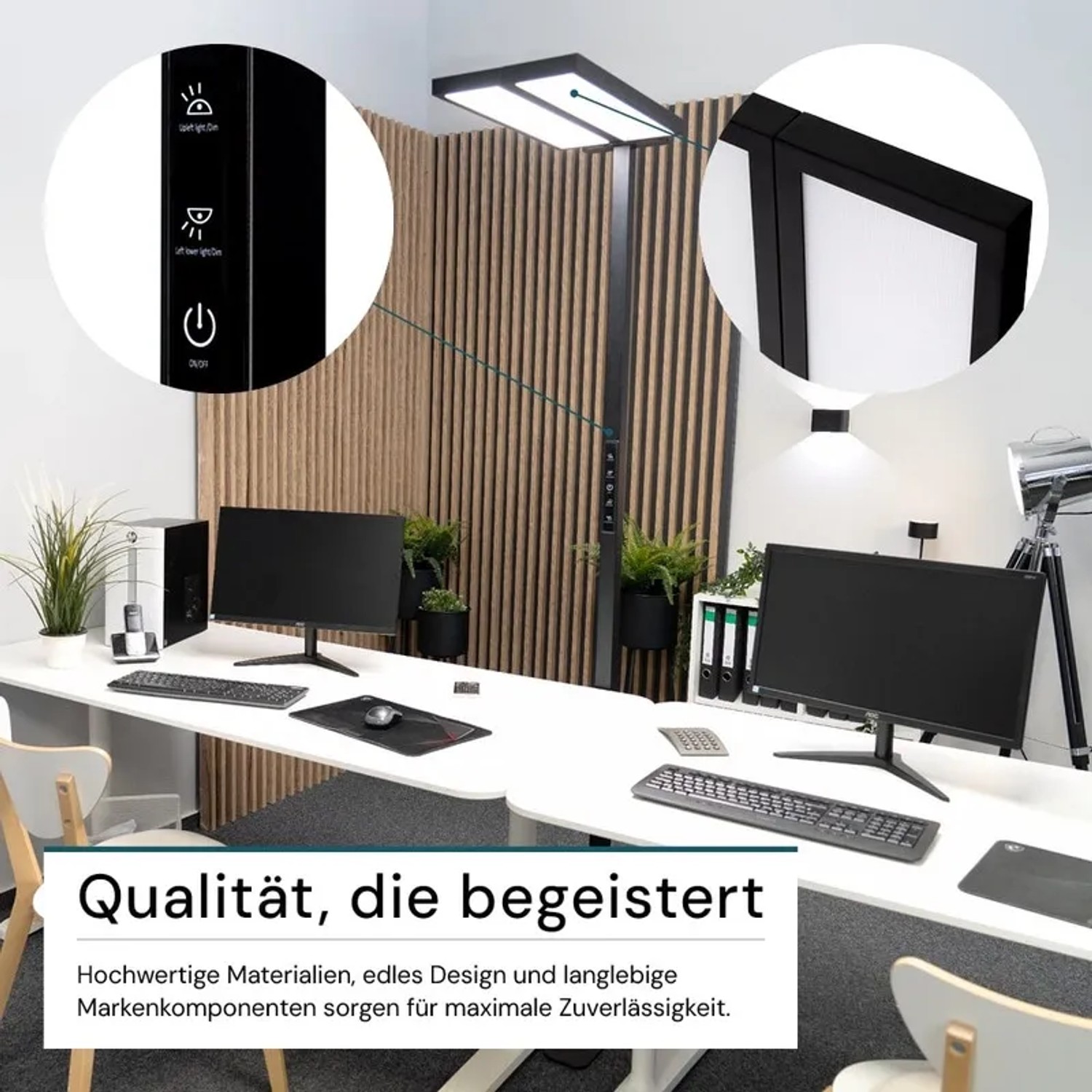 Schwarze LUXULA LED Bürostehleuchte mit Dimmfunktion und Doppelkopf-Design im modernen Büro.