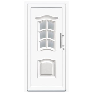 Weiße Kunststoff-Haustür (110x210 cm) mit Glaseinsatz und Edelstahlgriff, Anschlag rechts.