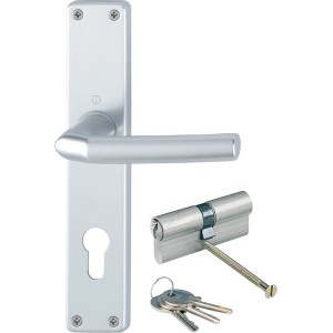 Hoppe Türgriff Birmingham, Aluminium silber, mit Langschild, Zylinder und Schlüssel für Innentüren.