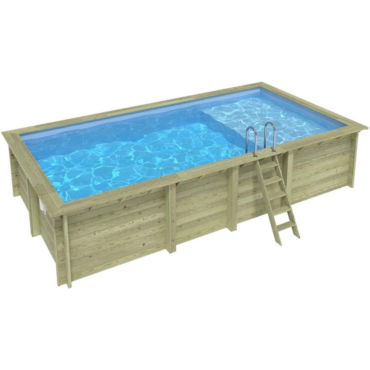 Rechteckiger ALTANKA Holzpool Aqua 7x3,75m mit hellblauem Wasser, integrierter Liegefläche und Holzleiter für den Garten.