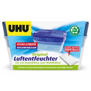 UHU Luftentfeuchter Original 1000g: Behälter mit Granulatbeutel zur Reduzierung der Luftfeuchtigkeit.