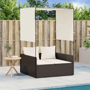 Braune Doppel-Sonnenliege mit Dach und Vorhängen aus Polyrattan und Stahl. Inklusive Kissen.