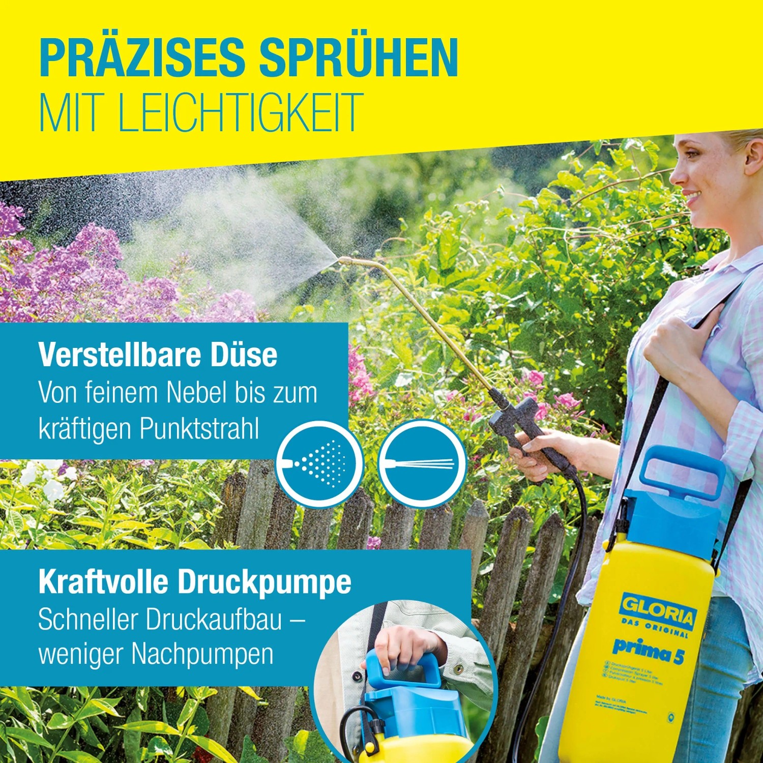Gelber Gloria Drucksprüher Prima 5 mit Lanze und Tragegurt im Einsatz zur Pflanzenpflege.