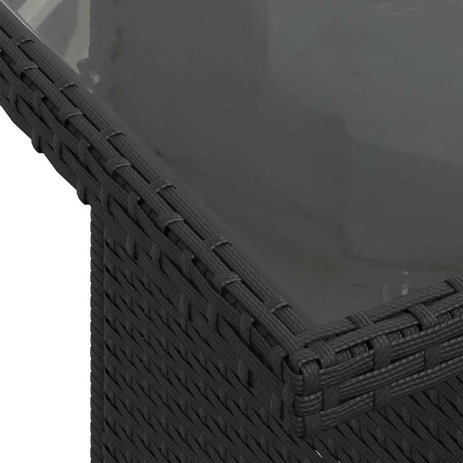 Detailansicht: Schwarzes vidaXL Gartenmöbel-Set aus Polyrattan mit Tisch und Glasplatte.