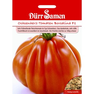 Saatgutpackung Dürr Samen Ochsenherz-Tomaten Borsalina F1 mit reifer Tomate.