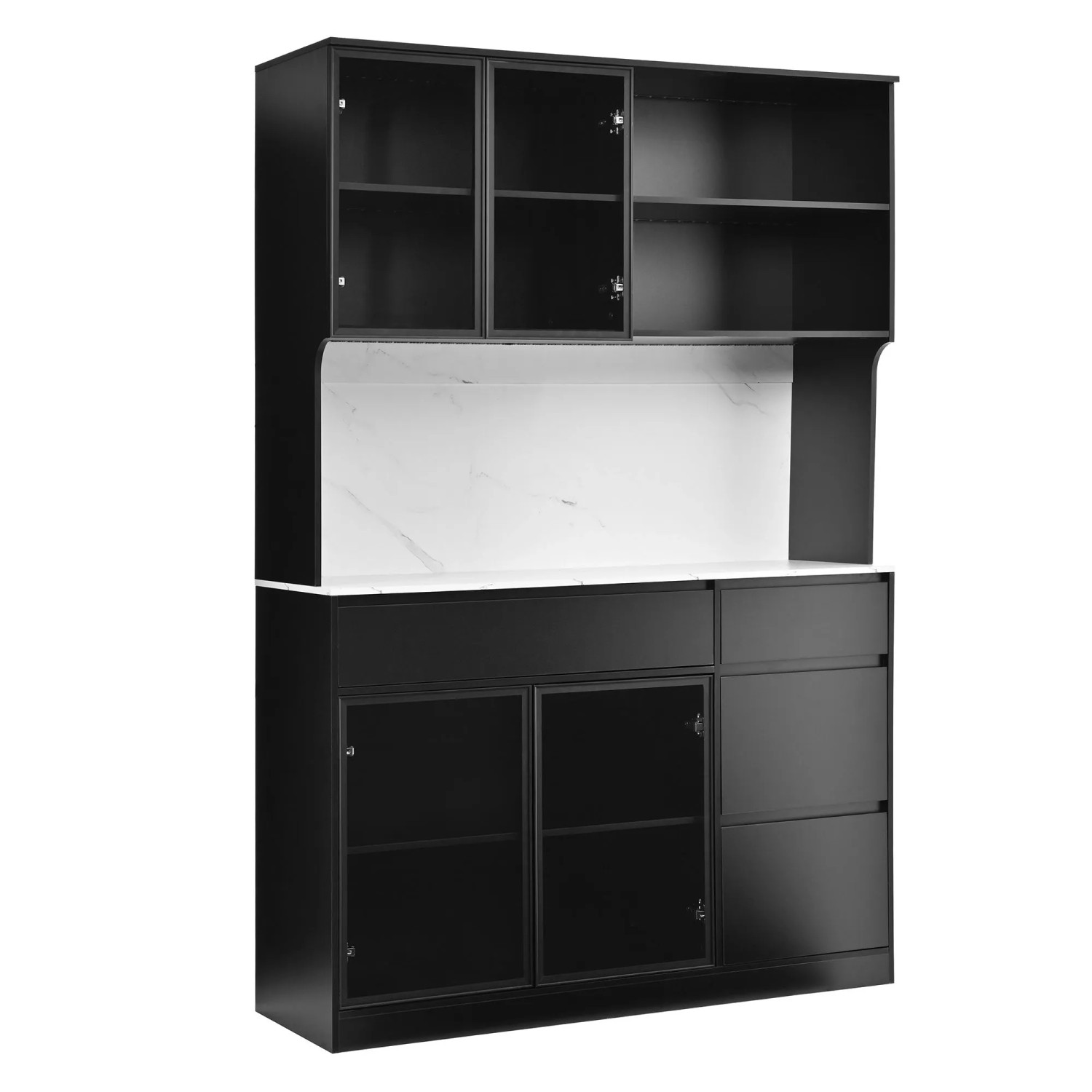 Merax Hochschrank LED Glasfront Marmoroptik Schwarz Weiß