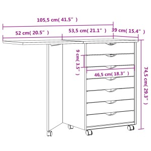 Weißer vidaXL Rollschrank mit Schreibtisch MOSS aus Kiefer Massivholz mit 7 Schubladen und ausklappbarer Tischplatte.