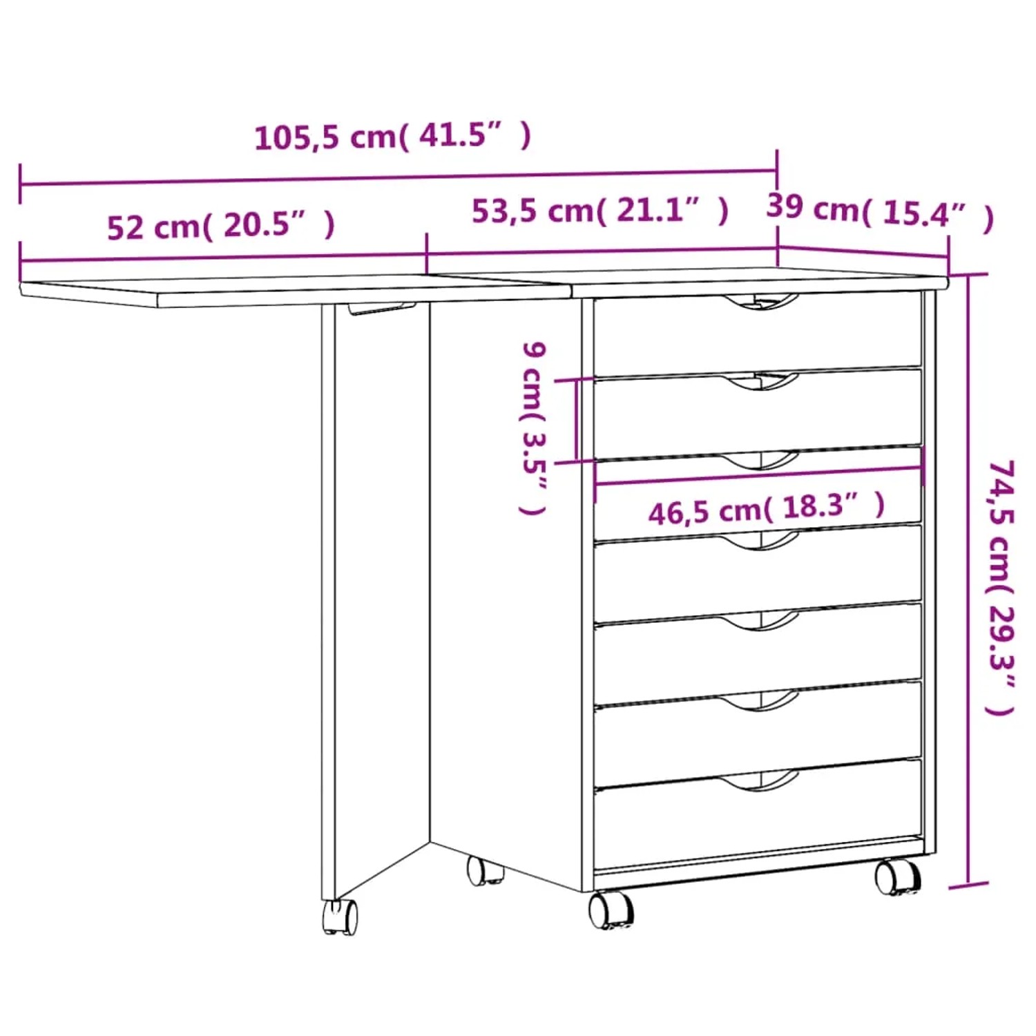 Weißer vidaXL Rollschrank mit Schreibtisch MOSS aus Kiefer Massivholz mit 7 Schubladen und ausklappbarer Tischplatte.