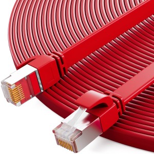 Rotes, flaches CAT 7 LAN Kabel (5m) mit RJ45 Stecker für Netzwerktechnik.