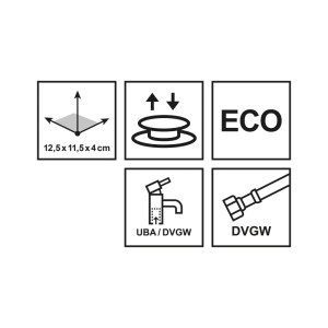 Piktogramme zur Einhebel-Waschtischnarmatur Chieti: Maße, Ablaufgarnitur, ECO, UBA/DVGW, DVGW.