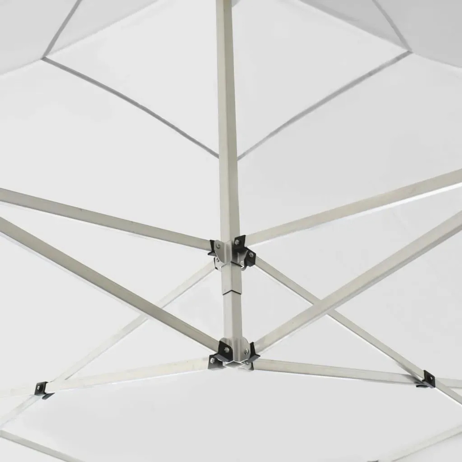 Detailansicht des weißen vidaXL Partyzelts (2x2m) mit Aluminiumrahmen und Faltmechanismus.