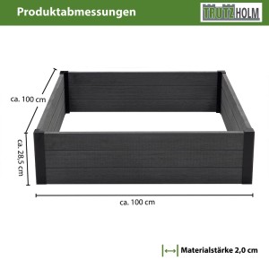 TRUTZHOLM Hochbeet Beeteinfassung, 100x100x28,5 cm, in Anthrazit-Holzoptik. Robuster Kunststoff mit Aluminiumecken.