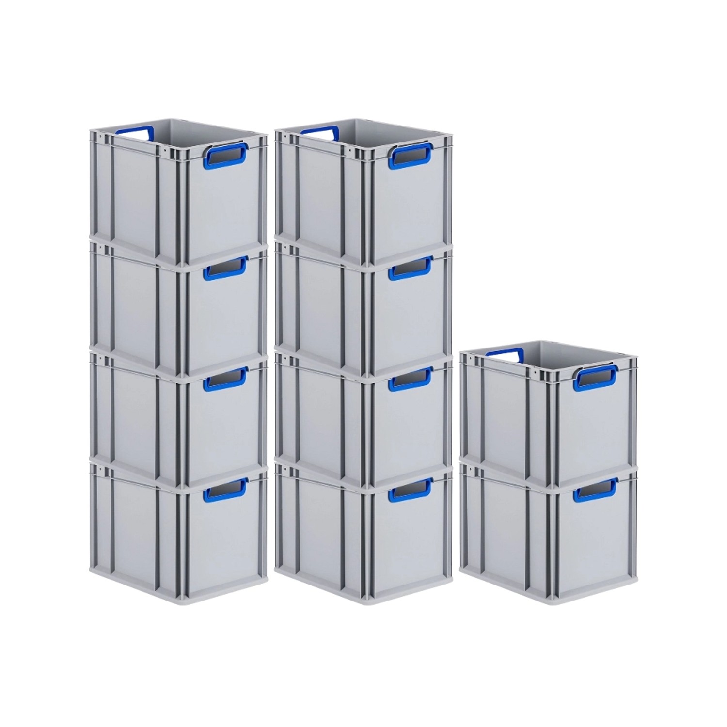 PROREGAL Spar Set: 10 graue Euroboxen mit blauen Griffen, gestapelt. Aufbewahrungsboxen für Industrie und Gewerbe.