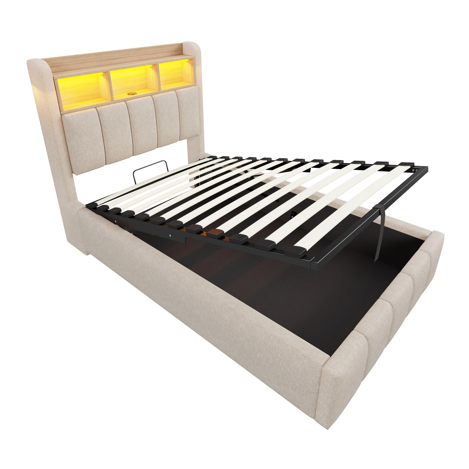 Merax Kinderbett 90x200cm LED USB Hydraulik Leinen Beige