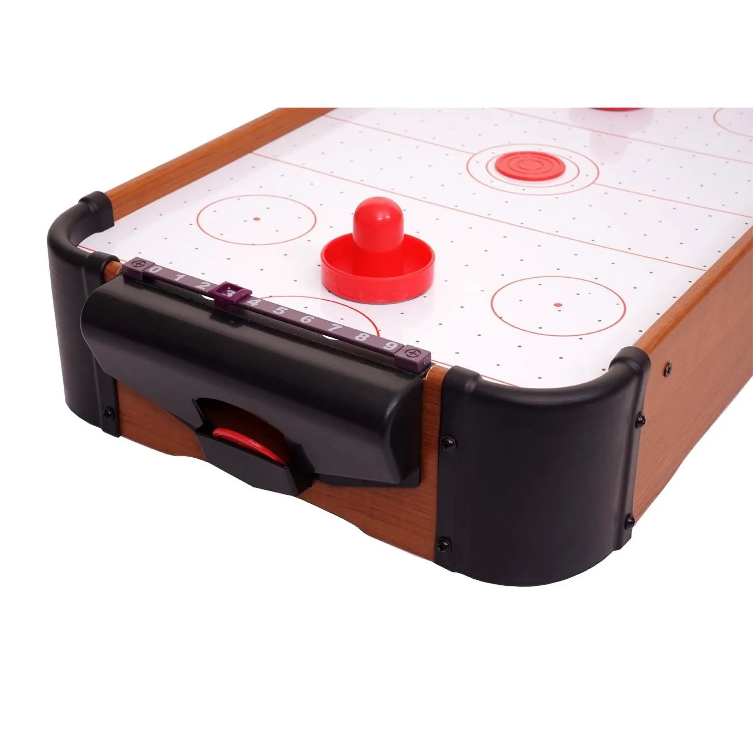 MCW Mini Air Hockey Tisch aus Holz mit weißem Spielfeld, rotem Puck, Schiebezähler. Kompaktes Spiel für Kinder.