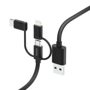 Hama Multi-Ladekabel mit USB-A, Micro-USB, USB-C und Lightning Anschluss, 1,5m, Schwarz.