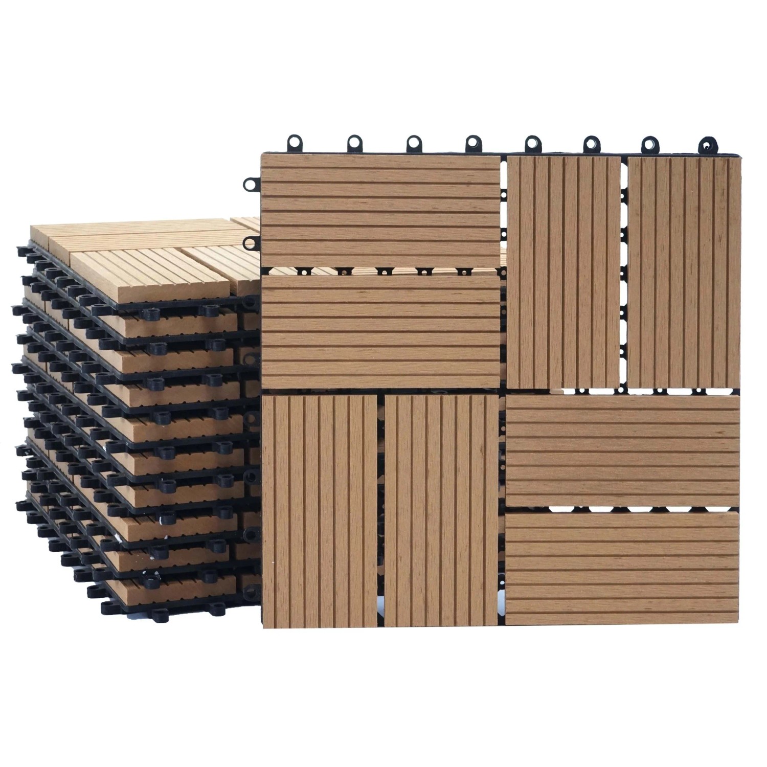 BERLINLODGE WPC Bodenfliese 11x Je BxT 30x30cm Holzoptik Balkon Terrasse Premium Teak Vierecke