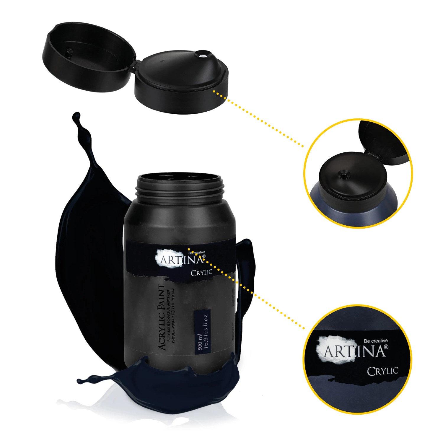 Artina Crylic Acrylfarbe Schwarz, 500ml. Künstlerfarbe mit hoher Deckkraft.