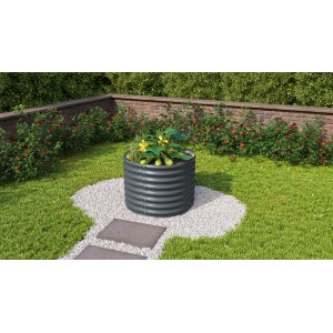Rundes, graues Vitavia Hochbeet aus Metall im Garten mit Bepflanzung.