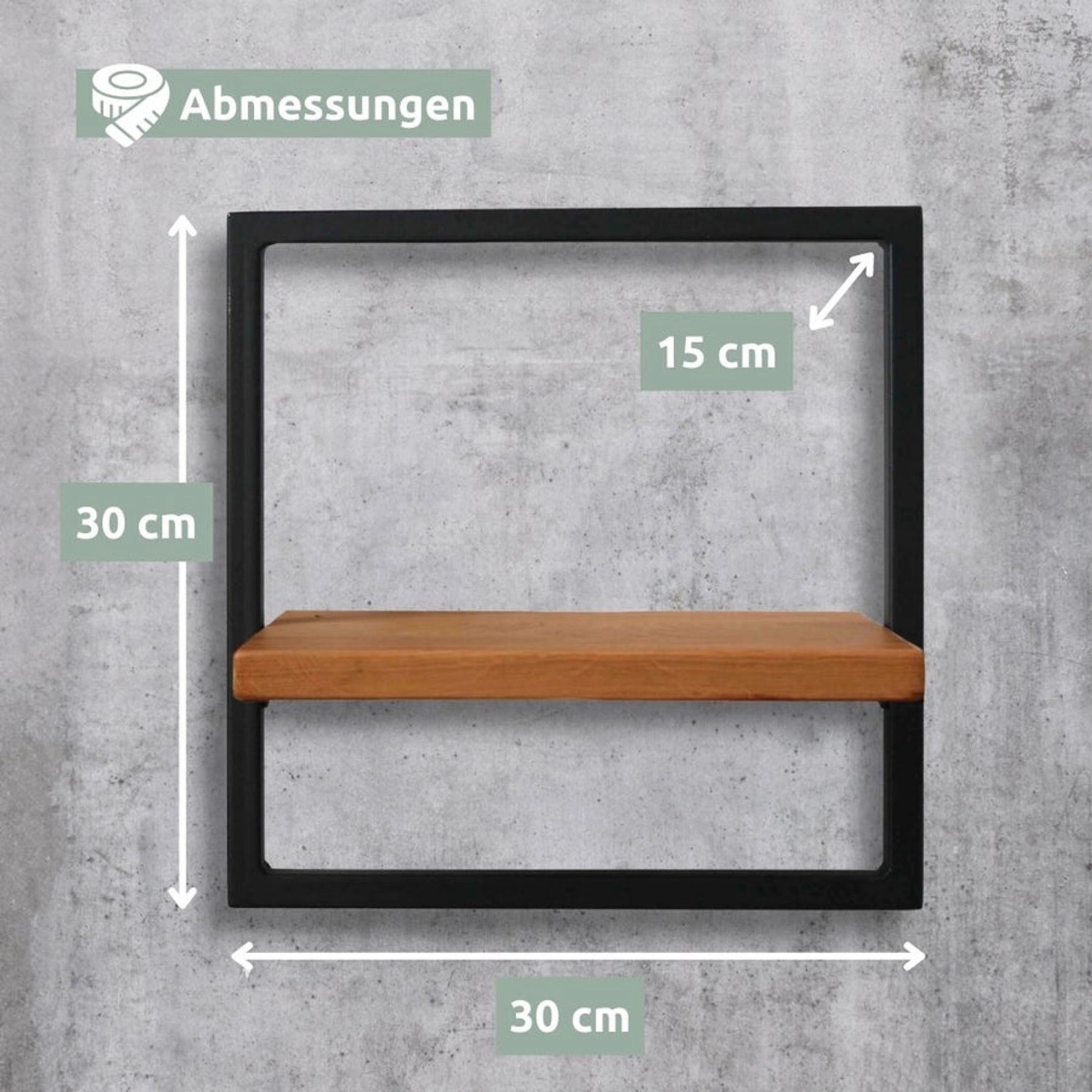 Holz4home Wandregal Small, schwarz gerahmtes Regal im Industrial Style mit Eichenholz Ablage.