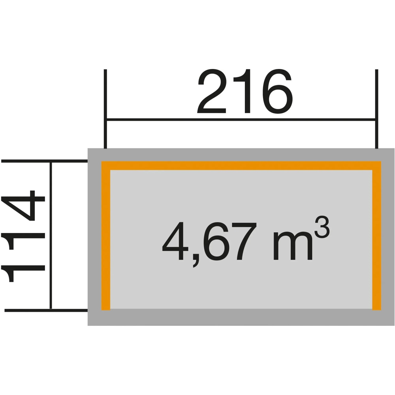 Grundriss Weka Unterstellplatz Größe 1: 216x114 cm, ca. 4,67 m³ Rauminhalt.