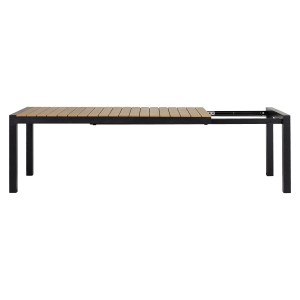 Ausziehbarer ebuy24 Gartentisch Joan, 205-275 cm, schwarz mit Teak-Dekor. Ideal für Garten und Terrasse.