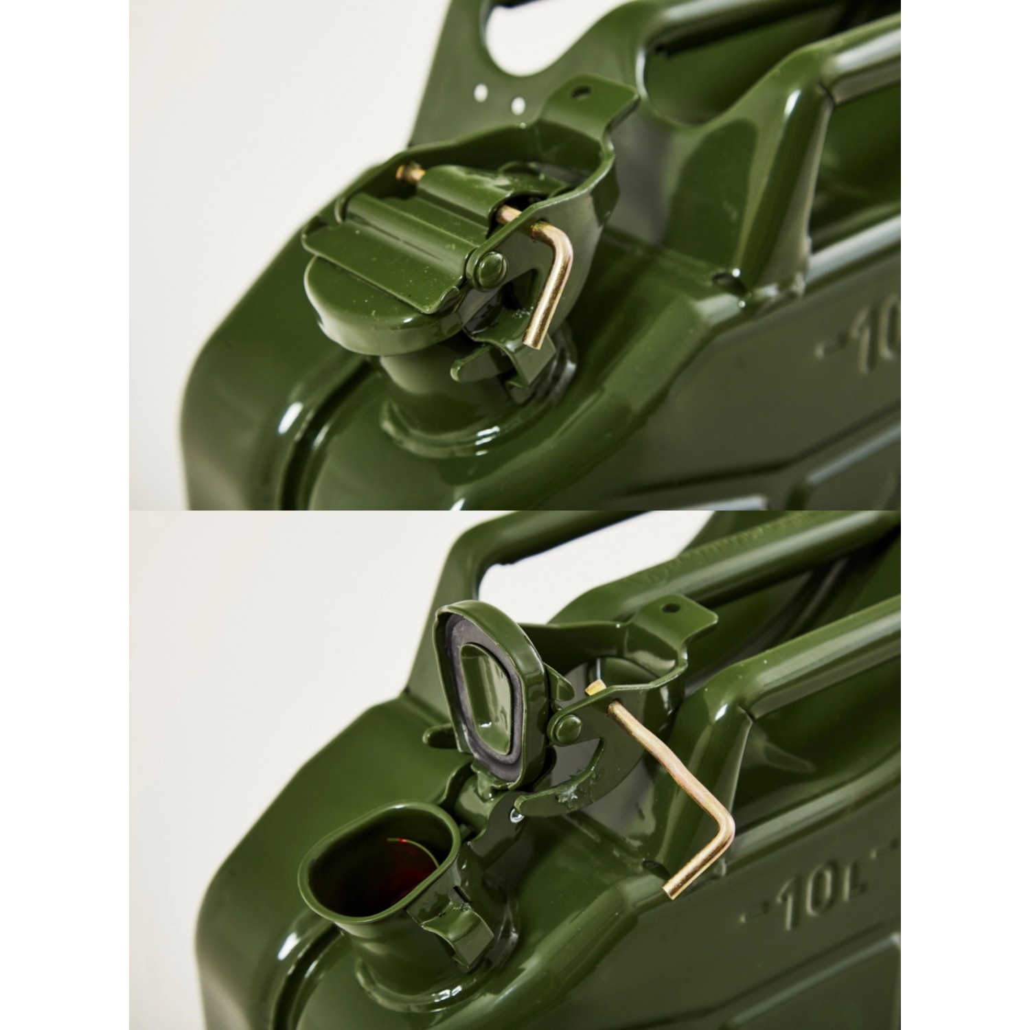 Olivgrüner 10L Metall Kraftstoffkanister mit Ausgießer, TÜV-geprüft für Benzin, Diesel & E10.