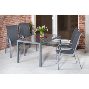 Merxx Amalfi Gartenmöbel-Set, 5-teilig, mit Stapelsesseln und Tisch (150x90cm) in Silber-Grau.