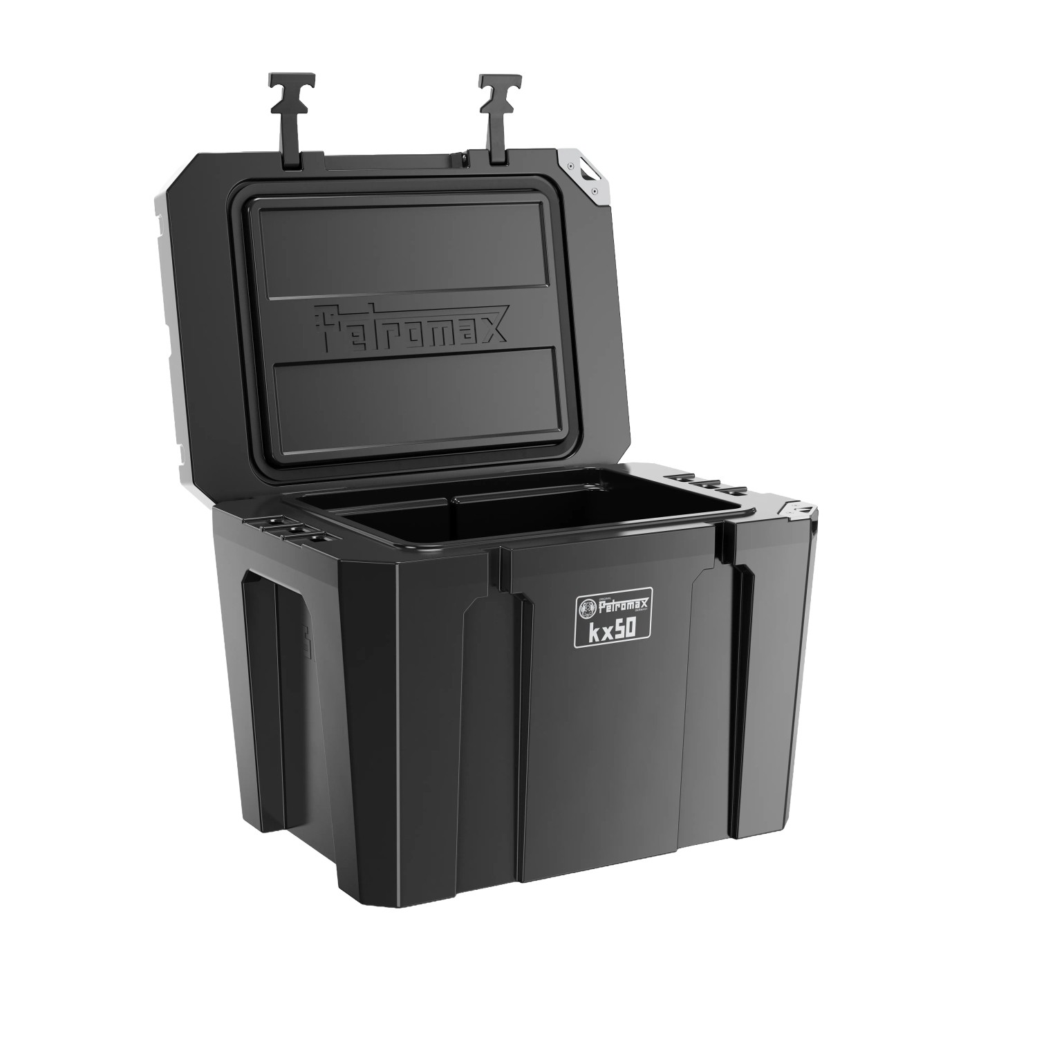 Petromax Kühlbox kx50, 50L, schwarz, mit geöffnetem Deckel. Ideal für Camping & Outdoor.