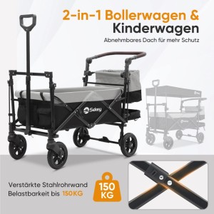 Sekey Bollerwagen mit Dach, faltbar, schwarz-grau, ideal für Camping und Kindertransport bis 150 kg.