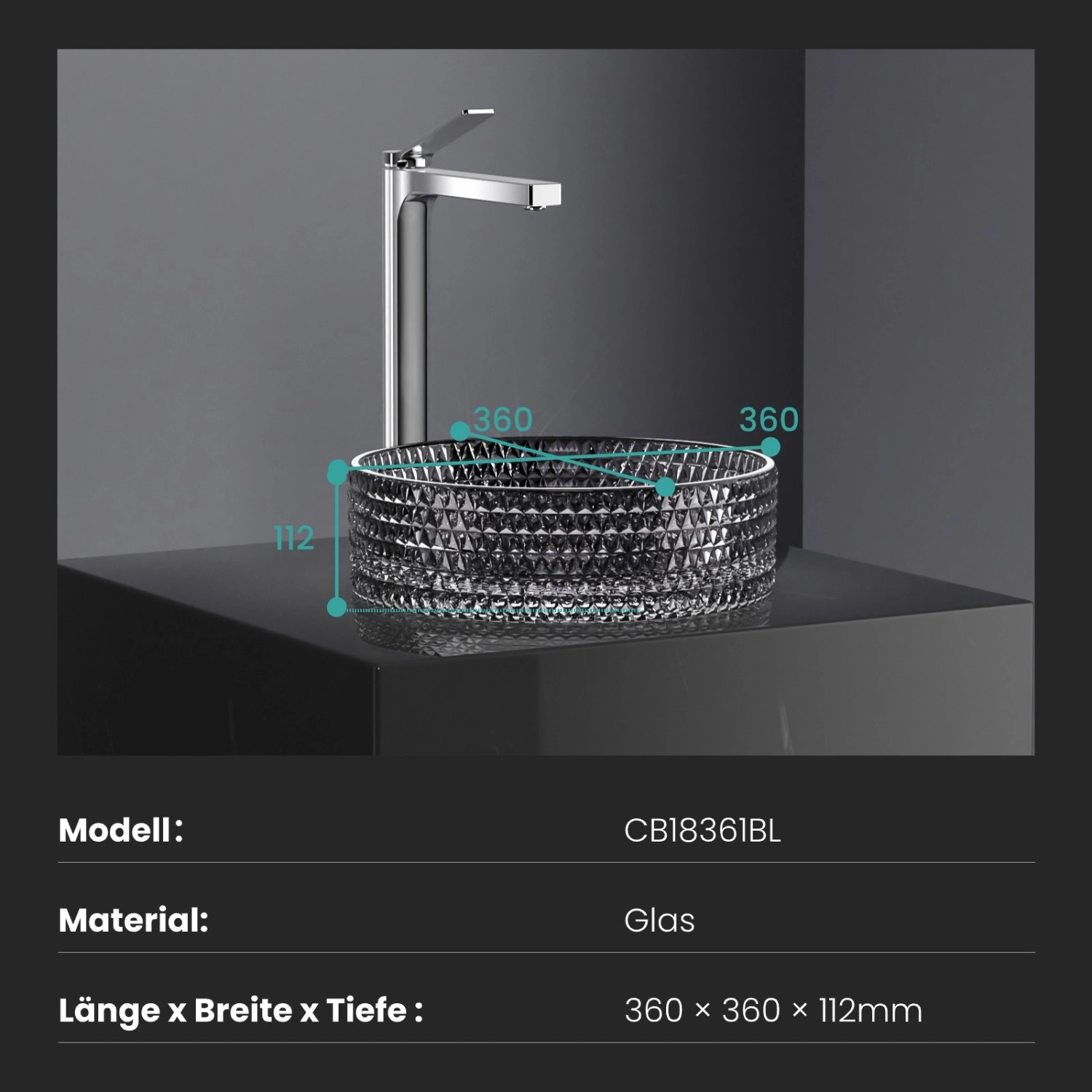 Rundes Emke Aufsatzwaschbecken aus schwarzem Glas, 36x36x11,2 cm, mit Armatur.