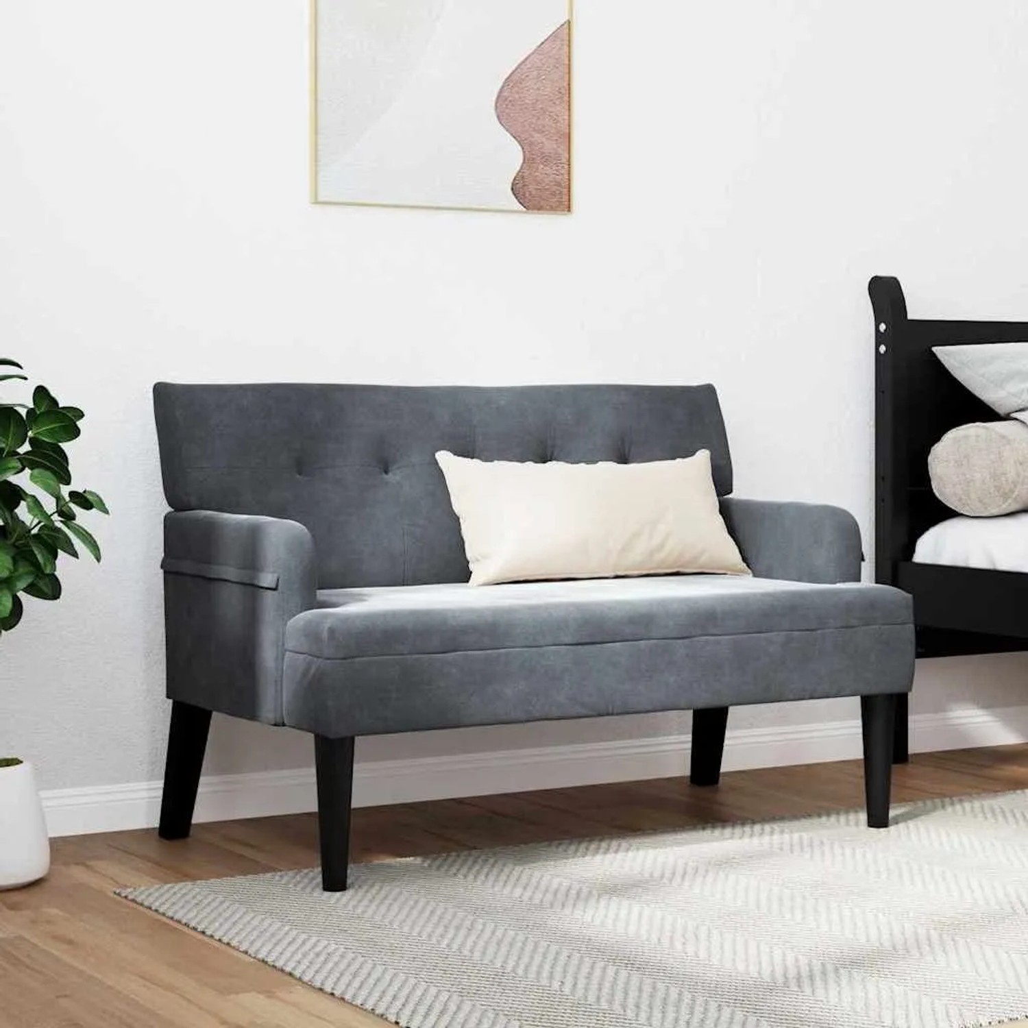 Dunkelgraue vidaXL Chesterfield Bank aus Samt mit gerollten Armlehnen und dunklen Holzbeinen.