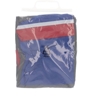 Verpackter Fischer Regenponcho Deluxe mit blauem, rotem und weißem Streifen. Fahrradbekleidung.