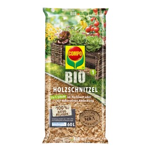 Sack Compo Bio Holzschnitzel 60L für Hochbeet und Dekoration.